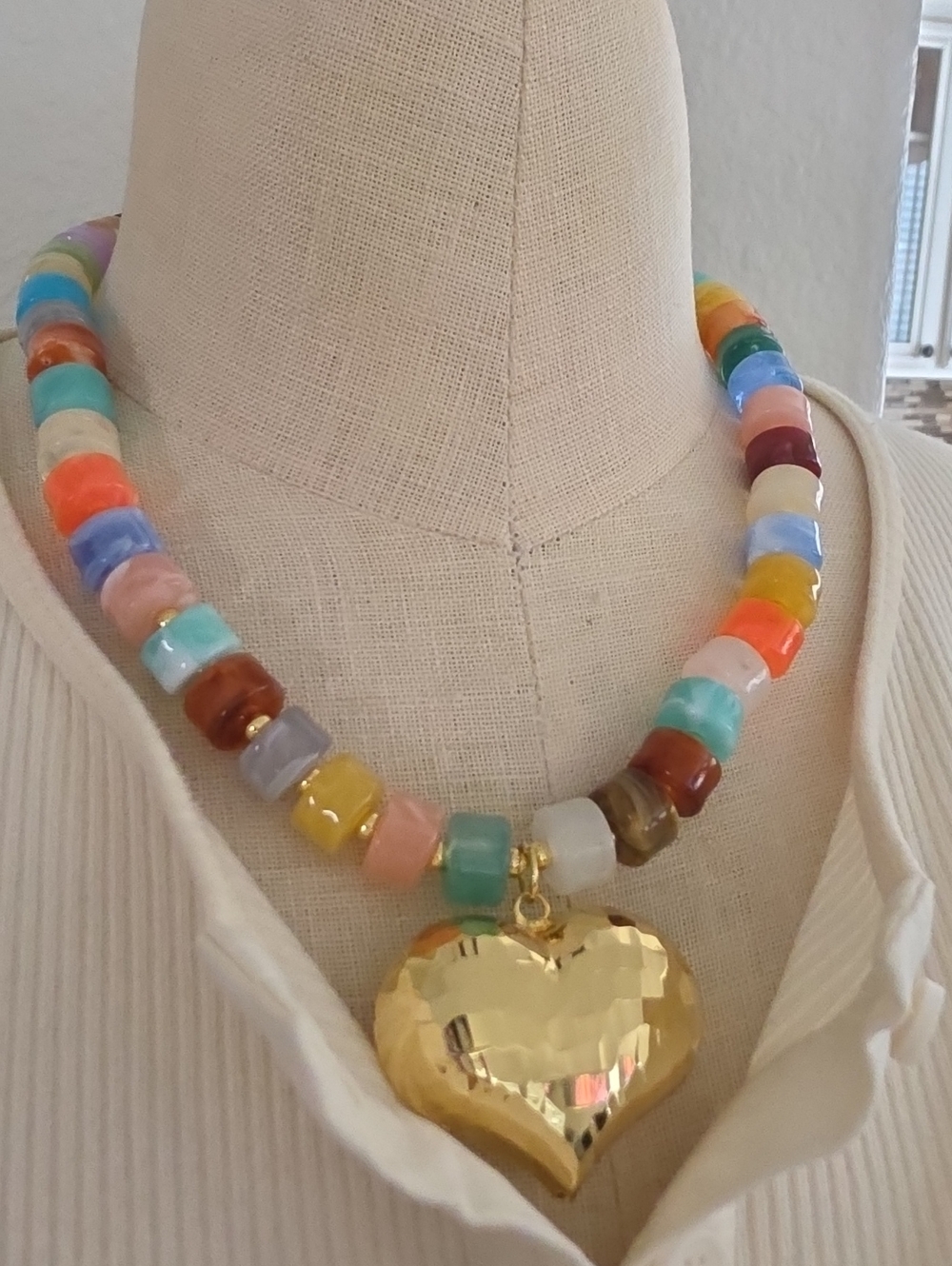 Gold Heart Pendant Multicolor Beaded Necklace